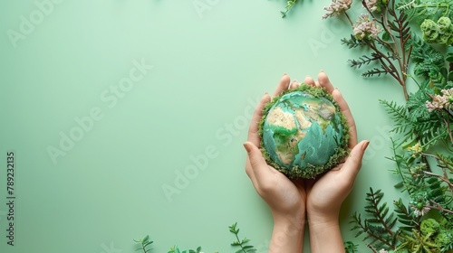 World Earth Day Hands cradle Earth against vibrant green minimalist backdrop AI Image