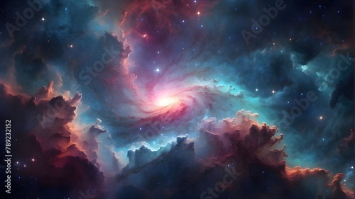 Nebula with vibrant space galaxy cloud. Starry  night sky. Astronomy and universe science. Wallpaper with a supernova background