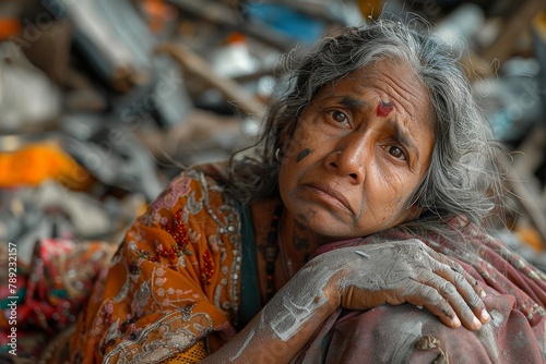 A mature Indian woman with a profound  somber expression  draped in a traditional  vibrant sari amidst a rustic background