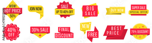 Promotion badge icons. Set of banner elements, offer tag, discount label design, sale web coupons. Flat design sale stickers on white background. Black Friday. Cyber Monday. Vector illustration.