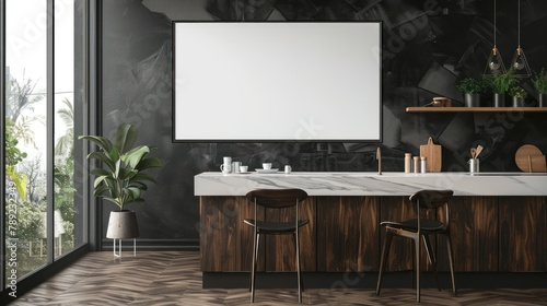 Contemporary kitchen studio interior and blank white poster on wall. AI generated