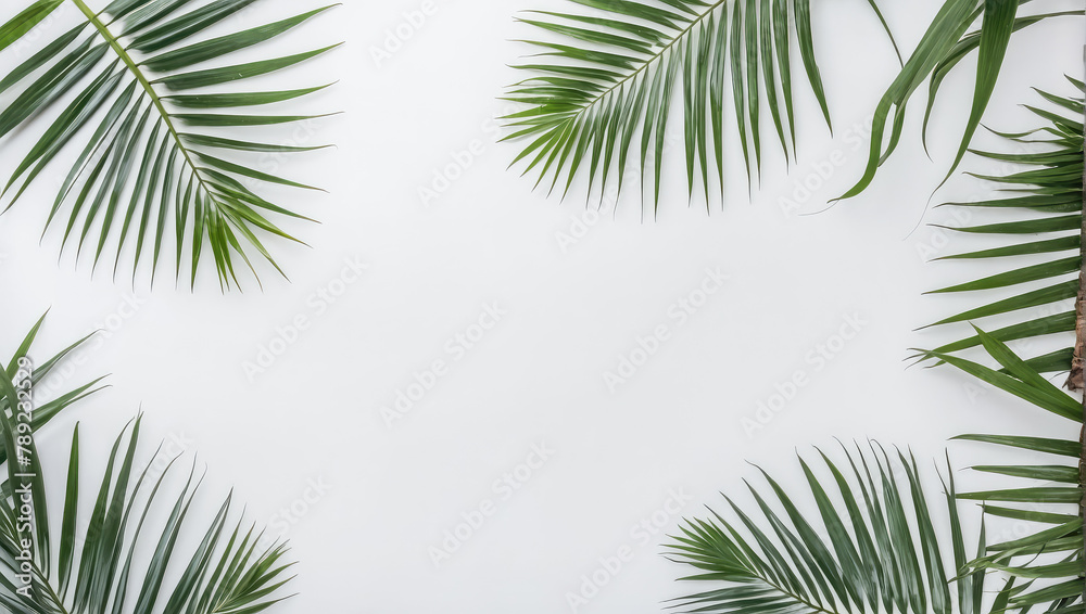 Creative layout of colorful palm leaves on a white background in the rays of the sun, with shadows. Minimal summer exotic concept with copy space