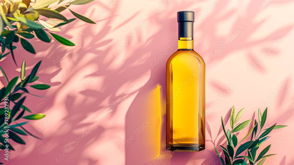 bottle of olive oil, close-up, simple soft pink background - obrazy, fototapety, plakaty 