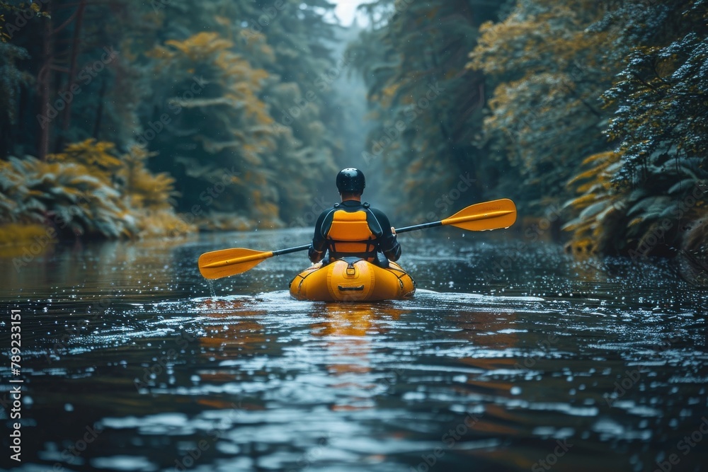 A solitary figure kayaks calmly through still waters surrounded by a serene forest in the twilight