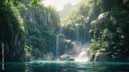 Towering cliffs cloaked in emerald greenery  with cascading waterfalls tumbling down rocky slopes into hidden pools below. 8k  realistic  full ultra HD  high resolution  and cinematic