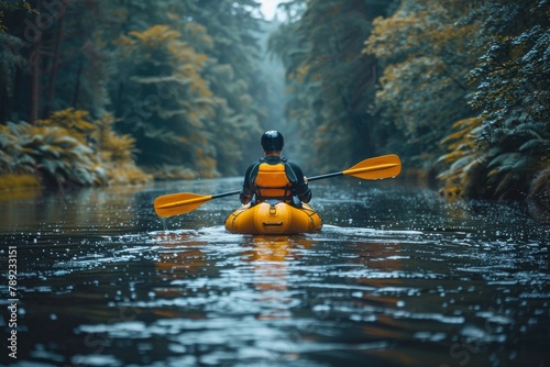 A solitary figure kayaks calmly through still waters surrounded by a serene forest in the twilight © Larisa AI