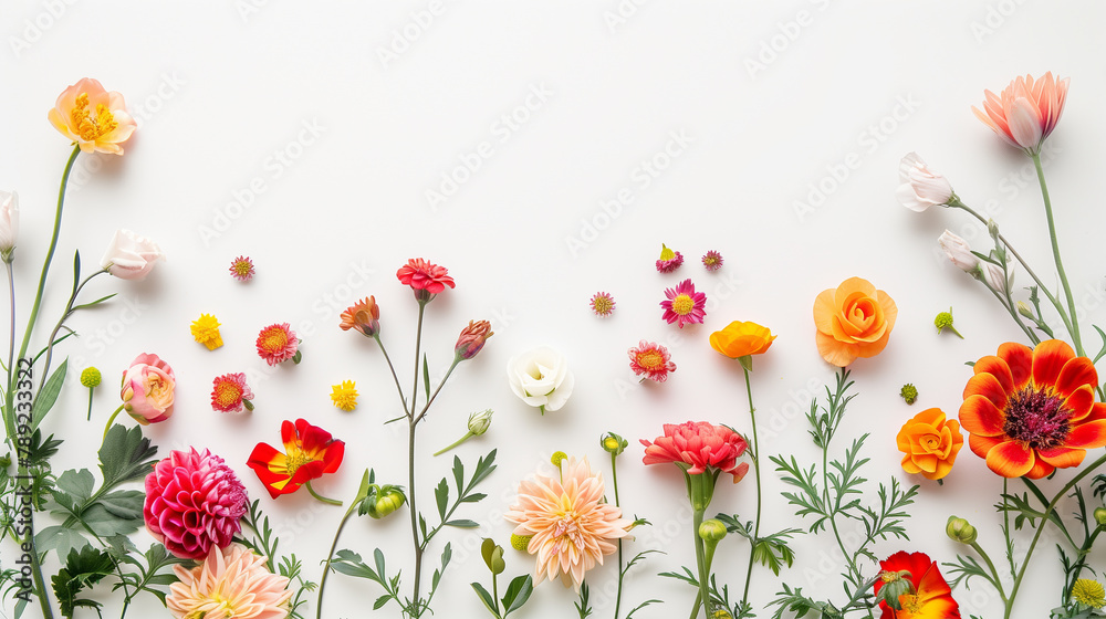 Happy Mother's Day composition with copy space, featuring colorful flowers and a heart shape on a white background.Ai generated