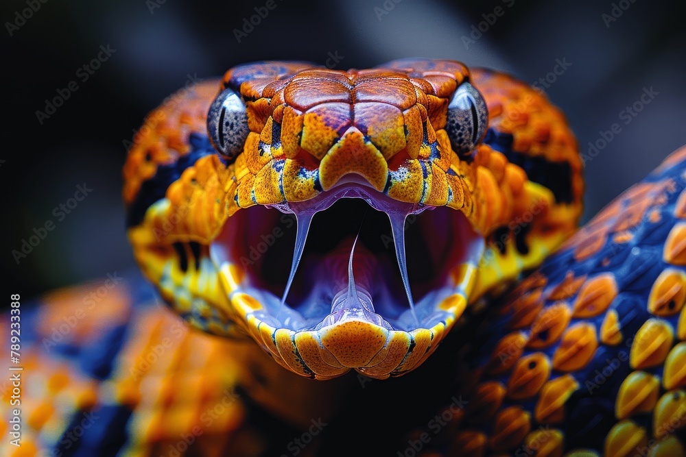 Fototapeta premium An exceptional close-up image capturing a snake's open jaws, presenting a sense of danger and raw animal power