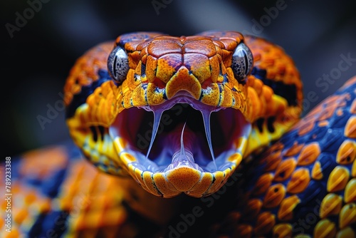 An exceptional close-up image capturing a snake's open jaws, presenting a sense of danger and raw animal power photo