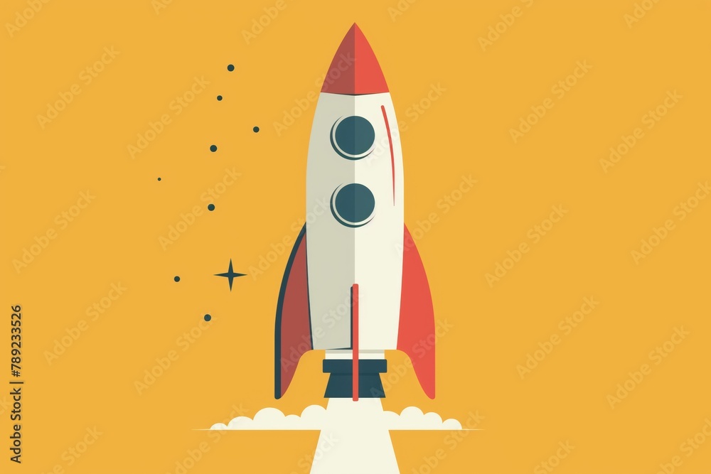 Abstract minimalist rocket launch illustration on orange background for innovative space exploration and technology startup business concept Abstract minimalist rocket launch illustration on orange background for innovative space exploration and technology startup business concept