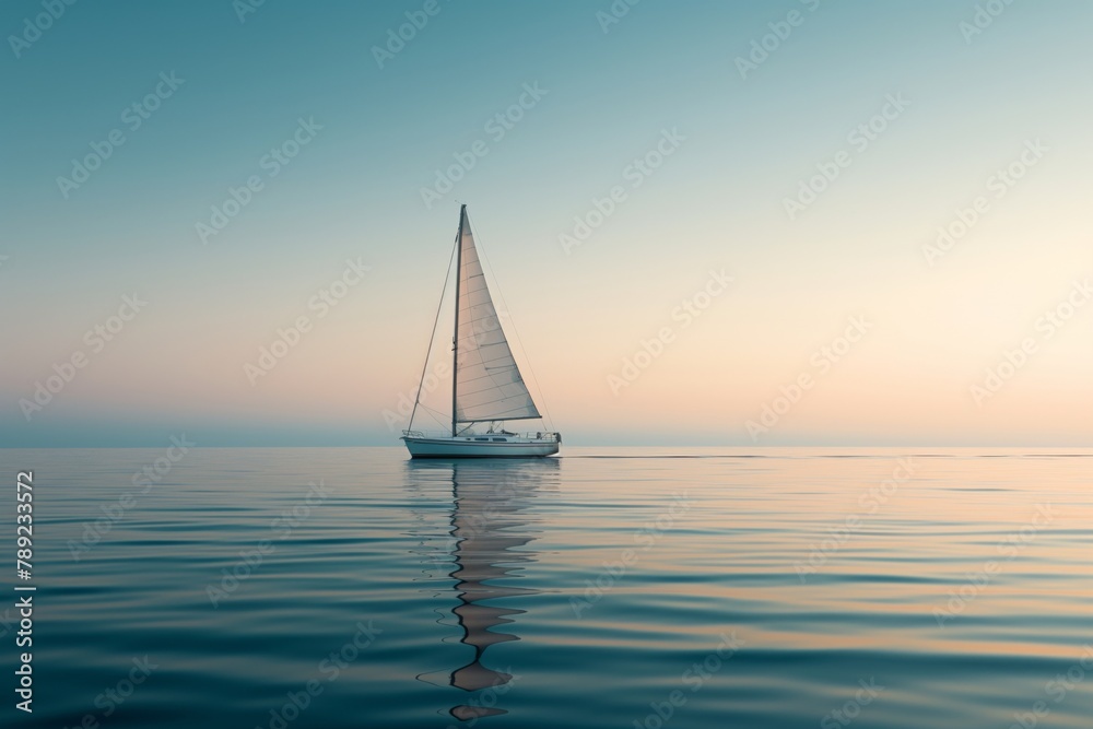 Serene image of a minimalist sailboat on calm waters during a soft sunset