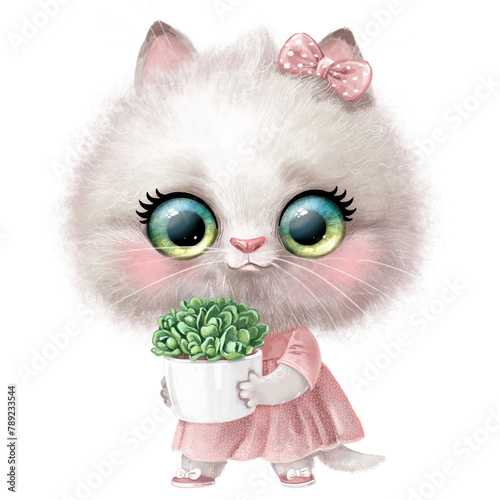 Cute cartoon white kitten in pink dress with a green succulent in pot