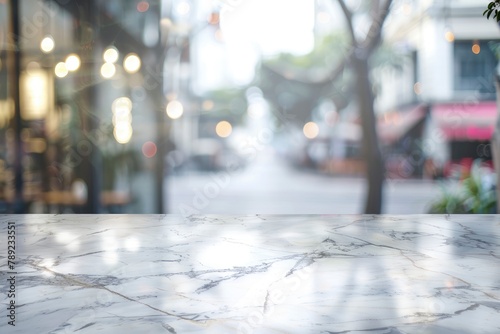 Empty white marble stone table top and blur glass window interior cafe and restaurant banner mock up abstract background - can used for display or montage your products - generative ai