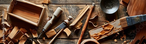 Many different types of woodworking tools on a table. Banner photo