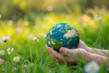 Kid's hand holding globe. Symbolizing ecology and environmental care AI Image