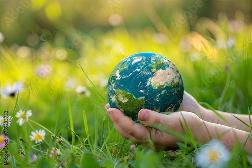 Kid's hand holding globe. Symbolizing ecology and environmental care AI Image