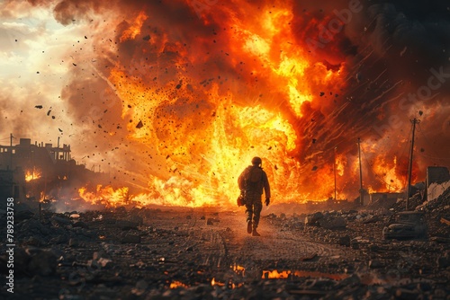 A solitary figure walks away from a backdrop of massive fire and destruction in a desolate urban environment