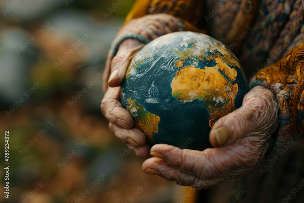 Hand of elderly lady holding Earth. Reflecting renewable energy and sustainable environment AI Image Hand of elderly lady holding Earth. Reflecting renewable energy and sustainable environment AI Image