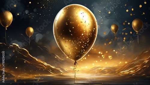 3d realistic golden air balloon on black background with text and glitter confetti