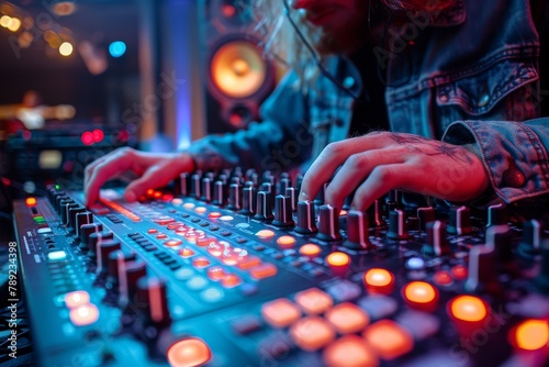 An expert DJ is captured operating an audio mix console with focus and skill in a club setting highlighted by neon lights