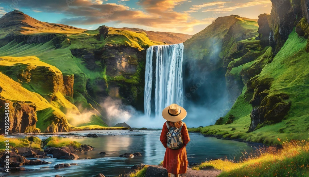 Fototapeta premium Woman overlooking waterfall at skogafoss, Iceland 