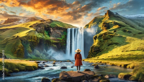 Woman overlooking waterfall at skogafoss, Iceland
