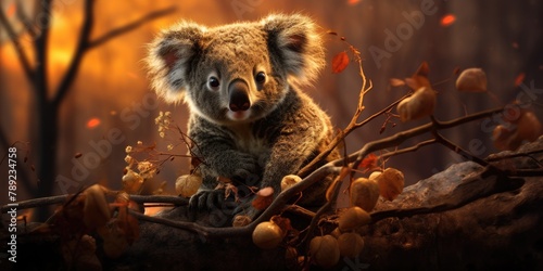Koala in a burning forest, Forest fire on the island due to human fault. Generative AI