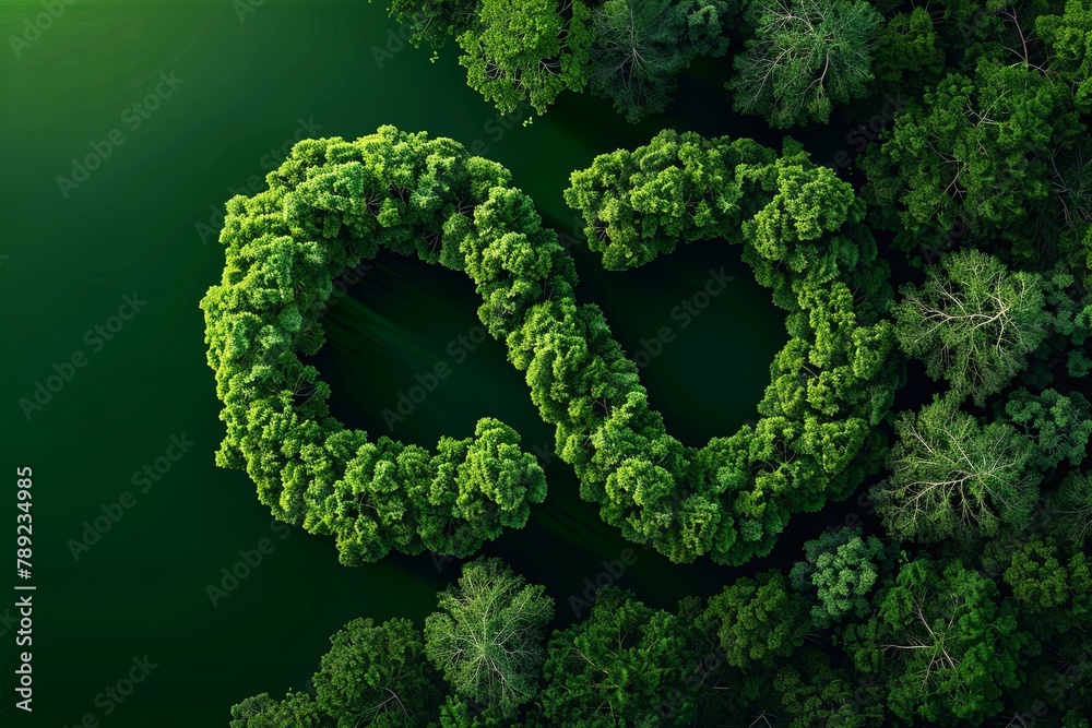 Overhead view of infinity symbol-shaped trees against green studio backdrop. Artistic ecological concept AI Image Overhead view of infinity symbol-shaped trees against green studio backdrop. Artistic ecological concept AI Image