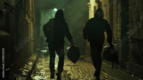Two masked individuals running away with bags of stolen goods in a moonlit alley