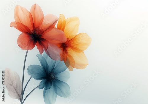 Vibrant Composition of Colorful Flowers on White Background with Blue and Orange Flower Center