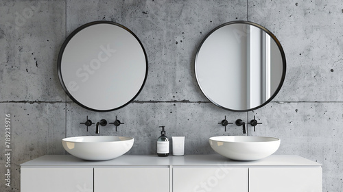 Close up of double sink with oval mirrors 