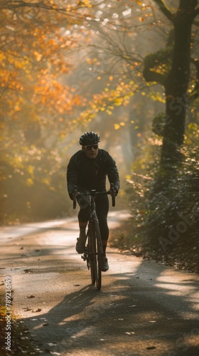 Man riding a bike down a path in the woods. Vertical background © kramynina