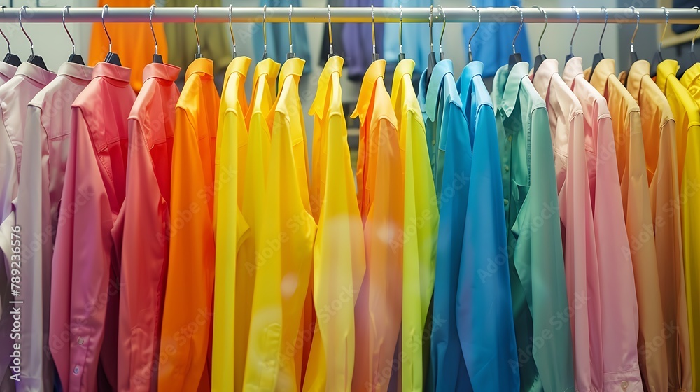 shirts of vibrant colors on aluminum rack concept clothing store