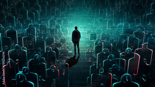 Person standing amidst neon outline of figures in a virtual space. Concept of social media network, digital identity, and cyber community. Design for tech presentation, futuristic poster