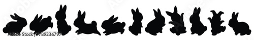 Silhouette black cute bunny. Cute cartoon rabbits. Funny hares, Easter bunnies. Standing, running, jumping poses. Set of flat cartoon vector illustrations isolated on white background. Outlines animal photo