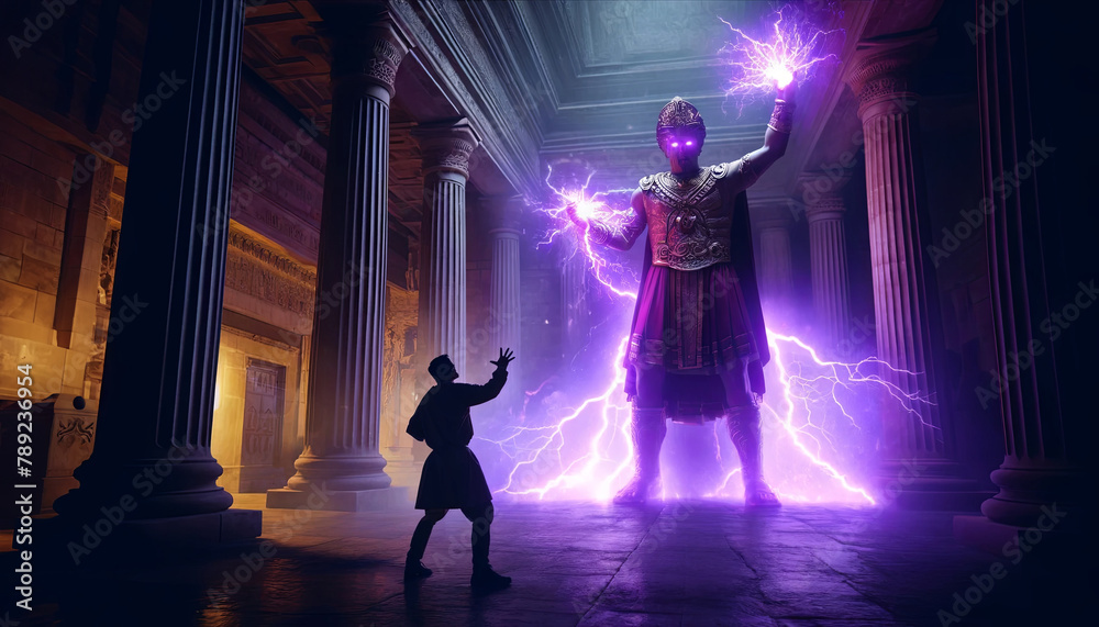 Zeus hurls lightning bolts at a man in a Roman atrium.
