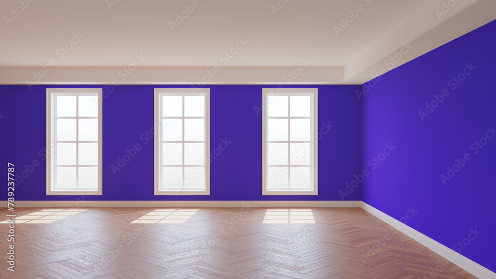 Fototapeta premium Violet Interior with a White Ceiling and Cornice, Glossy Herringbone Parquet Floor, Three Large Windows and a White Plinth. Sunny Beautiful Interior. 3D Rendering, 8K Ultra HD, 7680x4320, 300 dpi