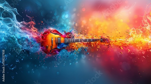 An artistic representation of a guitar amidst vivid, explosive water and fire colors, symbolizing the energy and passion of music. photo