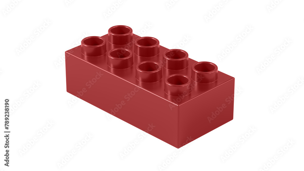 Fototapeta premium Maroon Plastic Block Isolated on a White Background. Children Toy Brick, Perspective View. Close Up View of a Game Block for Constructors. 3D Rendering. 8K Ultra HD, 7680x4320, 300 dpi