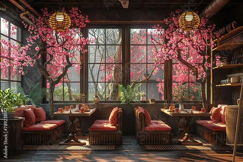 photorealistic image of cozy cafe with nice furniture and sakura