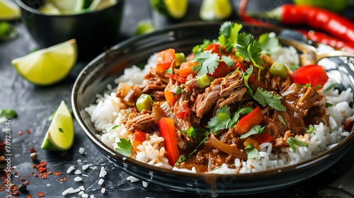 A delicious cuban ropa vieja stew on a bed of rice with lime garnish