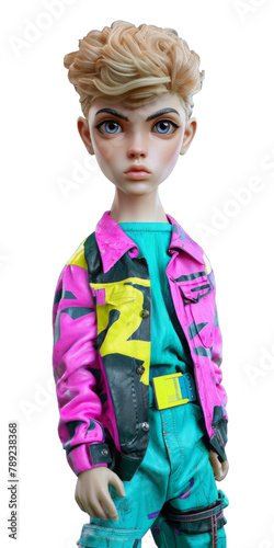 Cute Boy character in sylish look. Back in 80s outfit on transparent background.