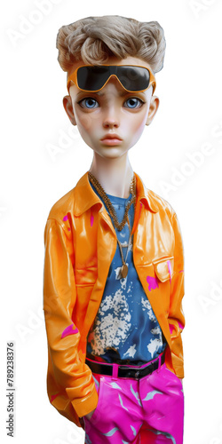 Cute Boy character in sylish look. Back in 90s outfit on transparent background.