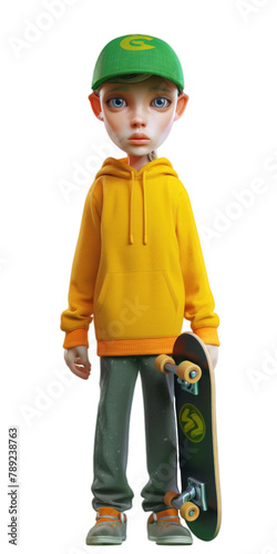 Boy character in sylish look. Skateboardist on transparent background. photo