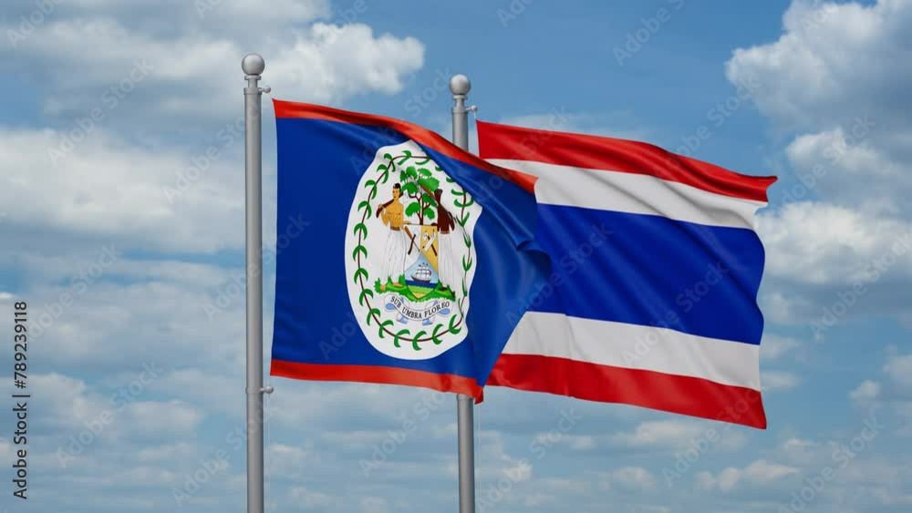 Kingdom of Thailand and Belize two flags waving together, looped video, two country cooperation concept Kingdom of Thailand and Belize two flags waving together, looped video, two country cooperation concept