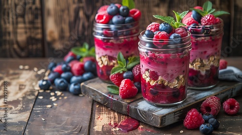 Blueberry and raspberry parfaits in mason jars still life against a rustic wood background