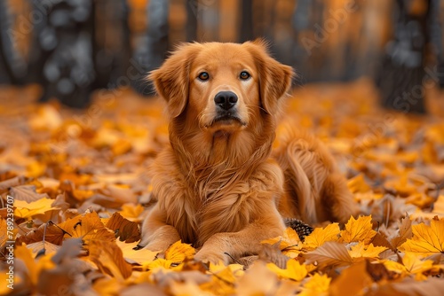 Brown Dog Laying on Pile of Leaves. Generative AI