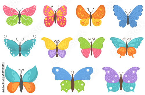 Beautiful flying insects. Summer butterfly in flat style isolated on white background. Colorful butterflies icons in cartoon flat style. Element for web, game and advertising. Vector illustration. © Little Monster 2070