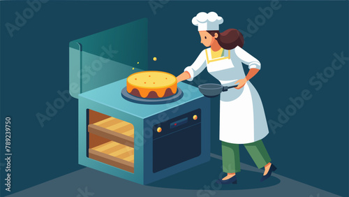 As her kitchen timer beeps a passionate baker opens the oven to reveal a perfectly risen cake its golden edges just beginning to pull away from