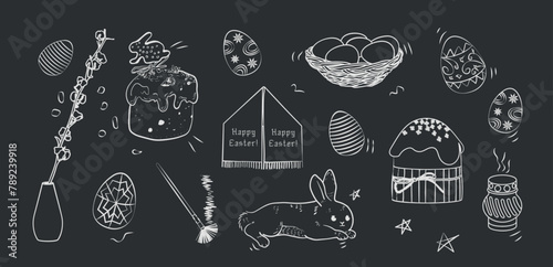Easter celebration hand drawn chalk set on black background. Hand drawn doodle style sketch of spring religious holiday, background. Krashanky, pysanky, kulichi, rabbit, willow. Easter vector illustra